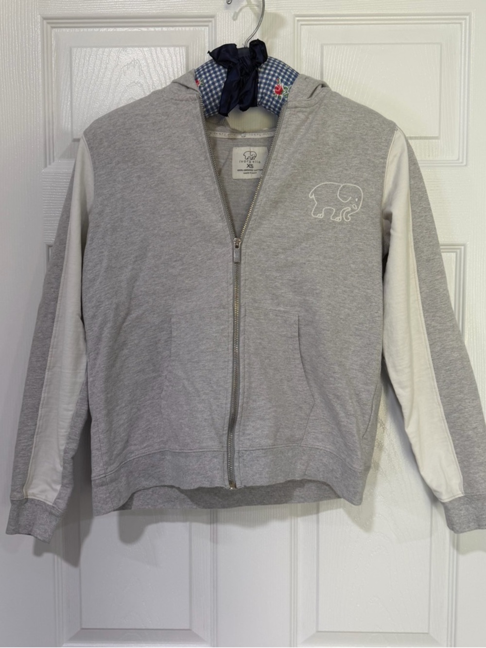 ivory ella Light Gray and White Zip Hoodie with Elephant Outline